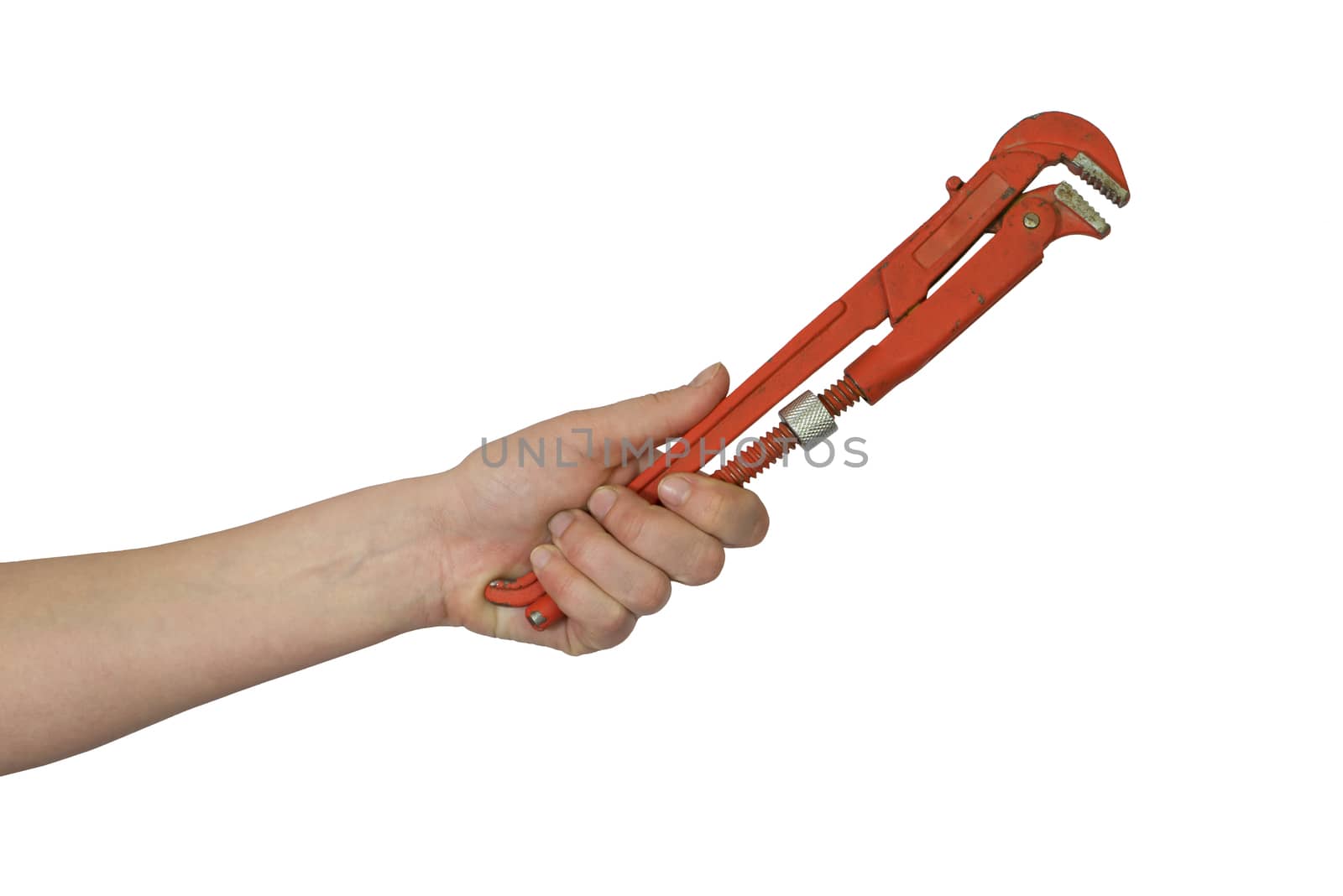 Hand holding pipe wrench. Isolated on white background