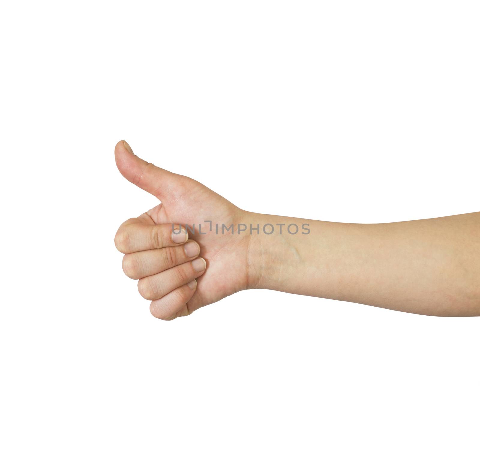Close-up woman's hand, thumbs up. Isolated on white background