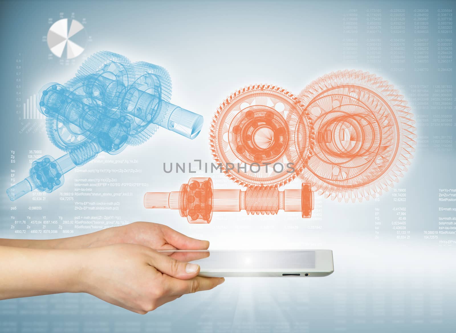 Hands holding a tablet. Above the screen of the tablet are gears. Hi-tech background