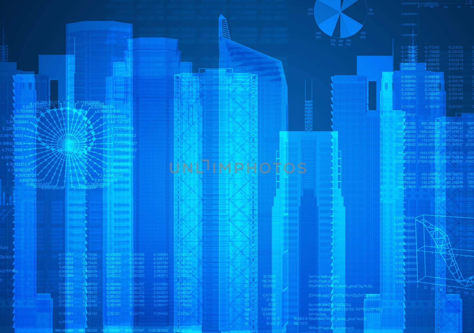 Transparent stylized skyscrapers and graphs. Dark background