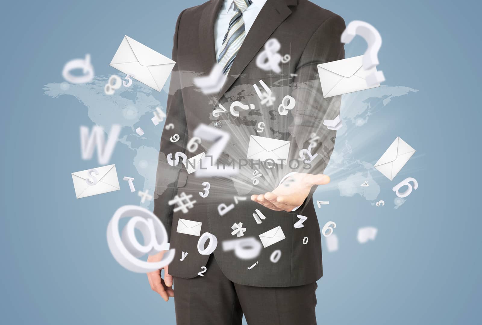 Businessman in a suit holds her hand in front of him. Envelopes and letters are emitted from the palm. The concept of mailing