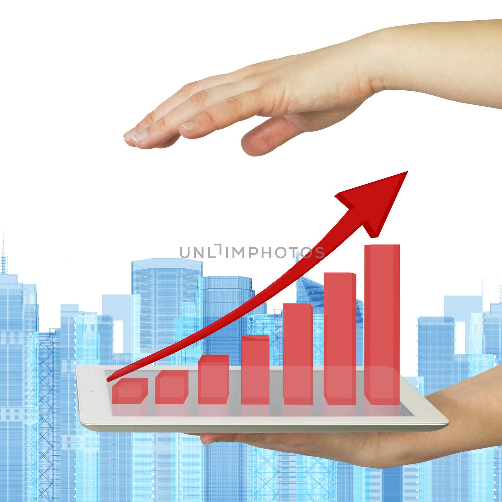 Hands holding a tablet pc. Growth chart on screen tablet