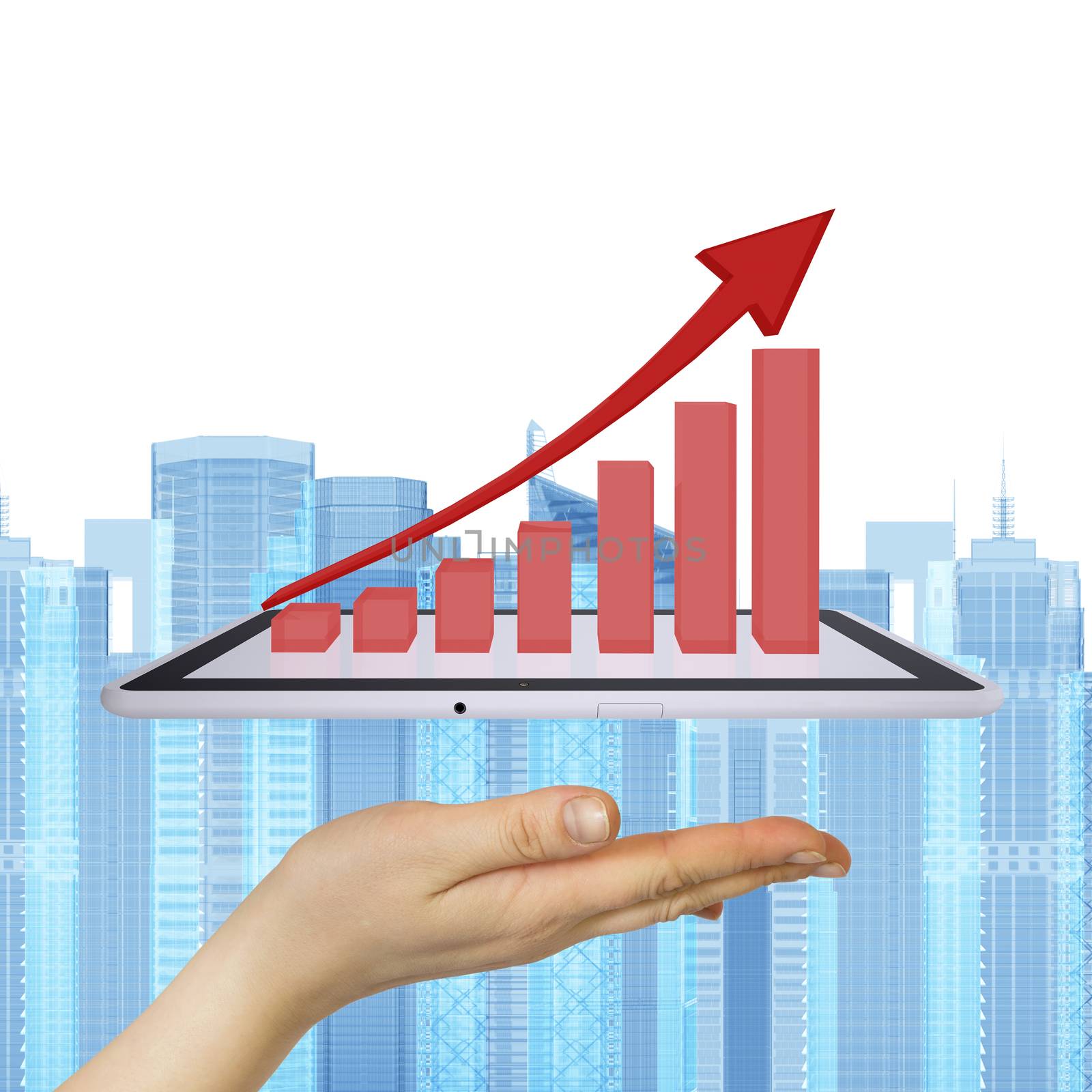 Hand holding a tablet pc. Growth chart on screen tablet