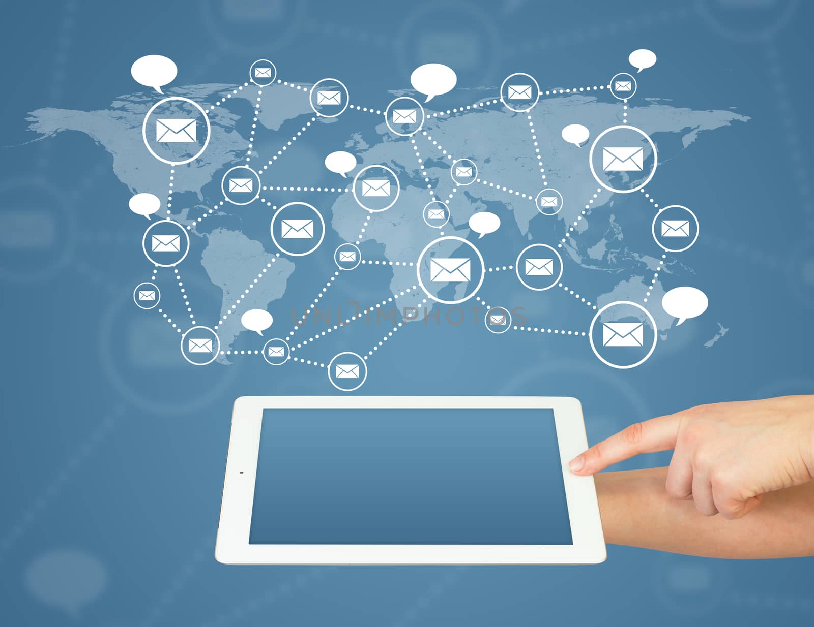 Hands, tablet pc and contacts. The concept of global contacts