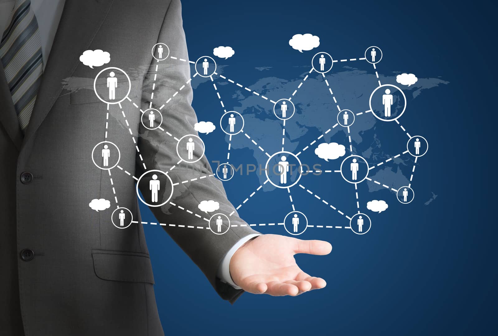 Businessman in a suit holds her hand in front of him. Network of contacts on hand. The concept of global contacts