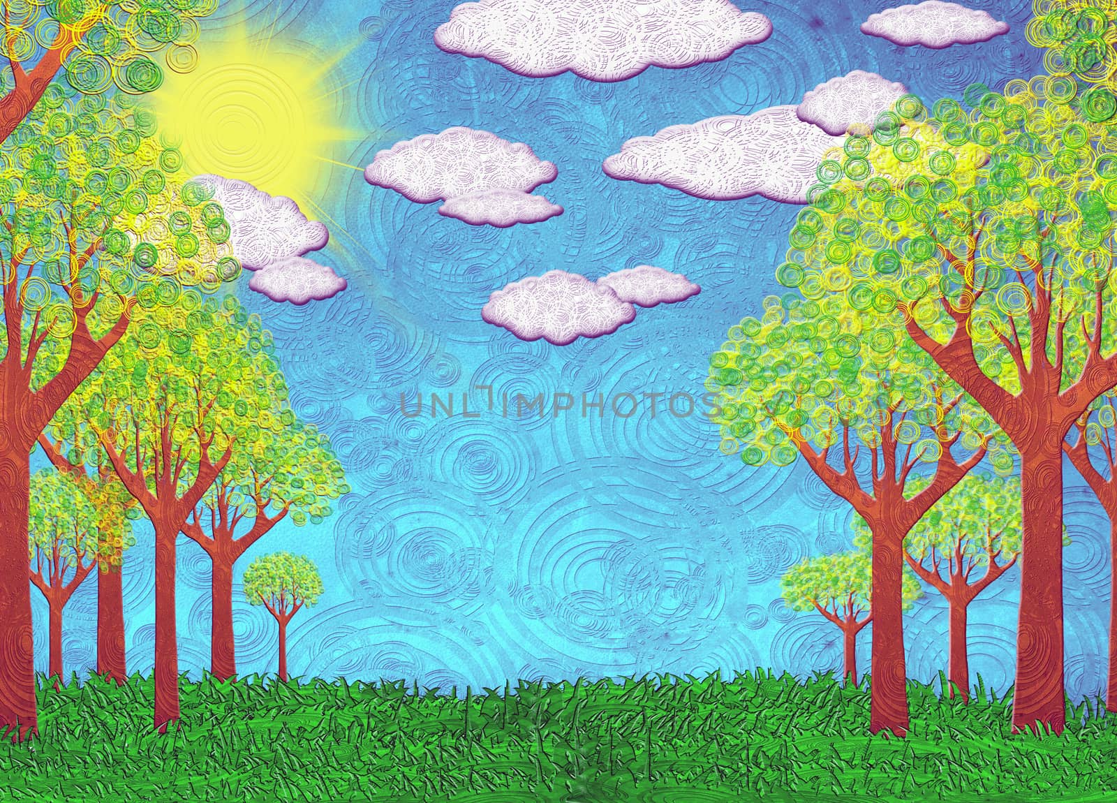 sunny landscape with trees and clouds