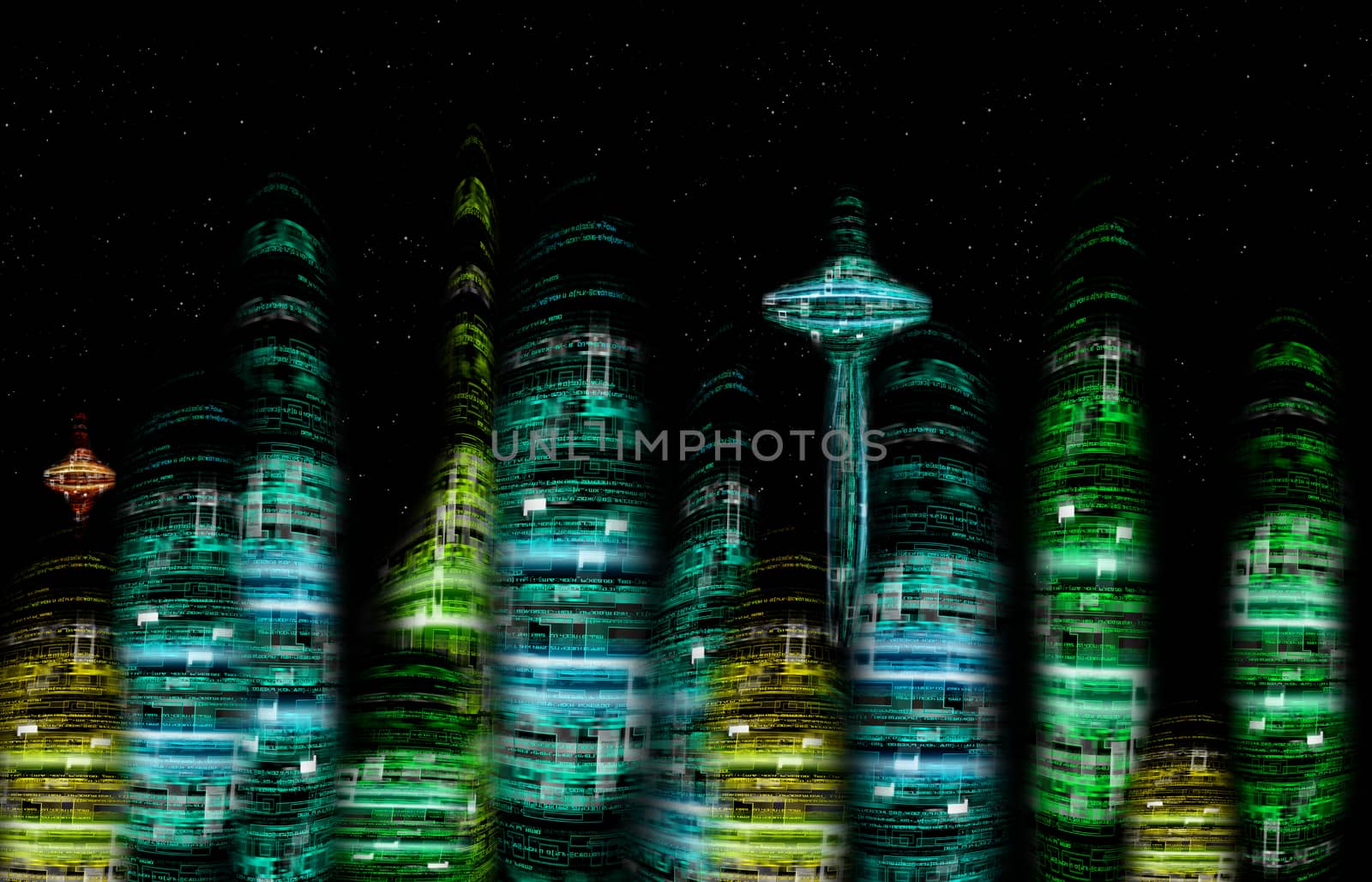 futuristic city nocturne skyline digital illustration