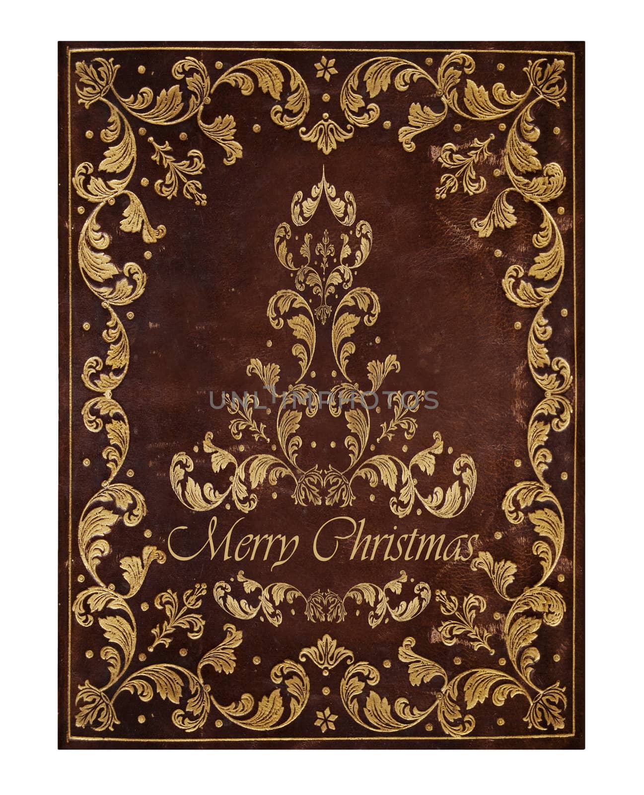 brown leather background with golden floral christmas decorations