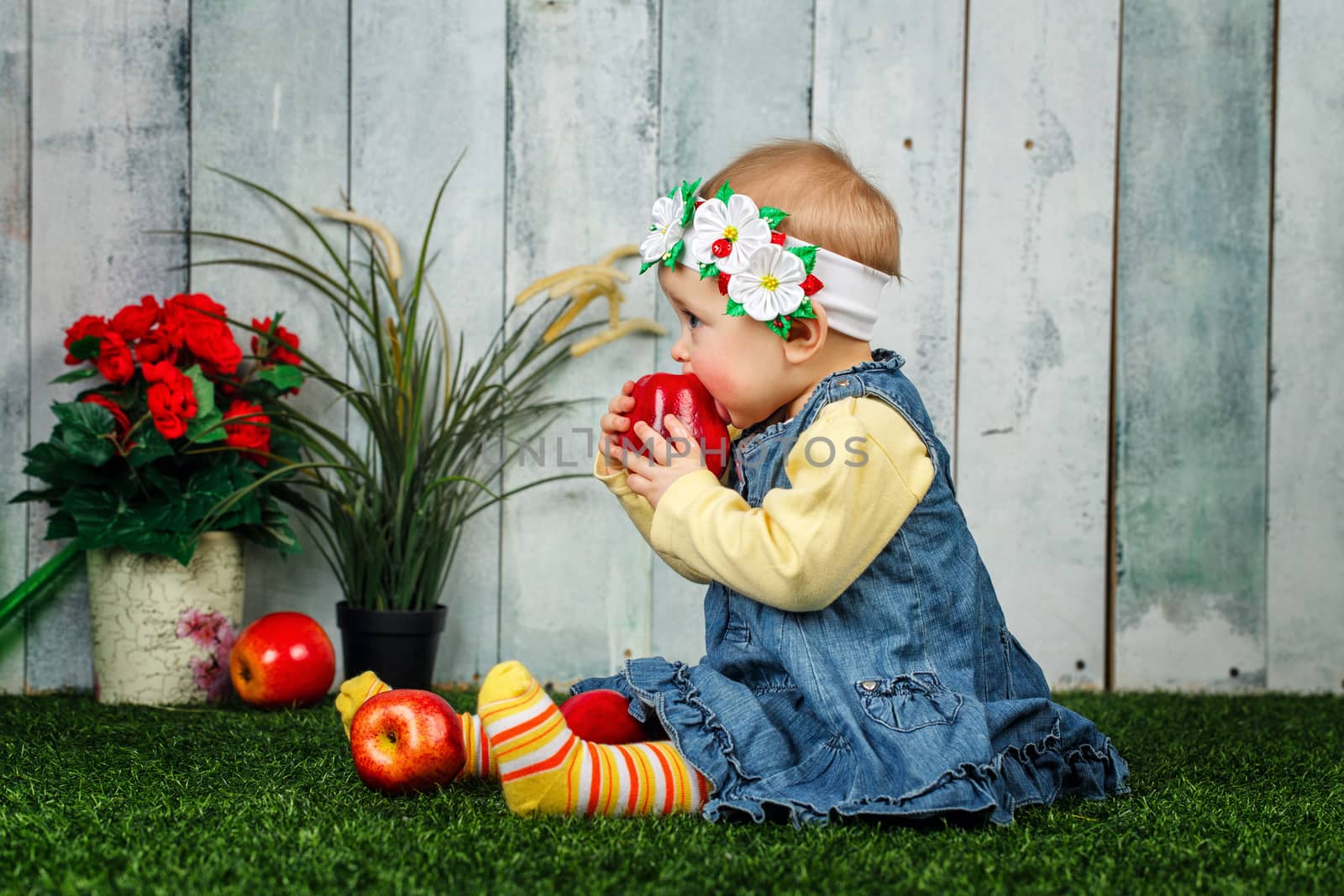 Little girl in the backyard sits on a lawn and eats an apple