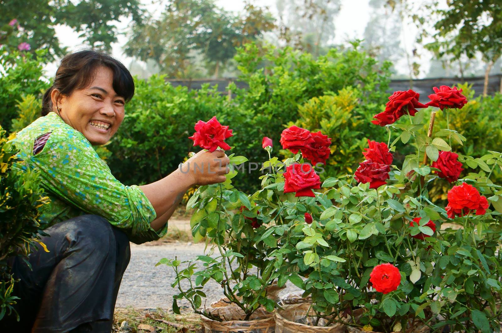 SA DEC, VIET NAM, ASIA  - JANUARY 26. Happiness of asia Farmer in springtime, success harvest with beautiful flowerpot for Vietnam Tet ( lunar New Year) in Sadec, Vietnam, Asia. January 26, 2013