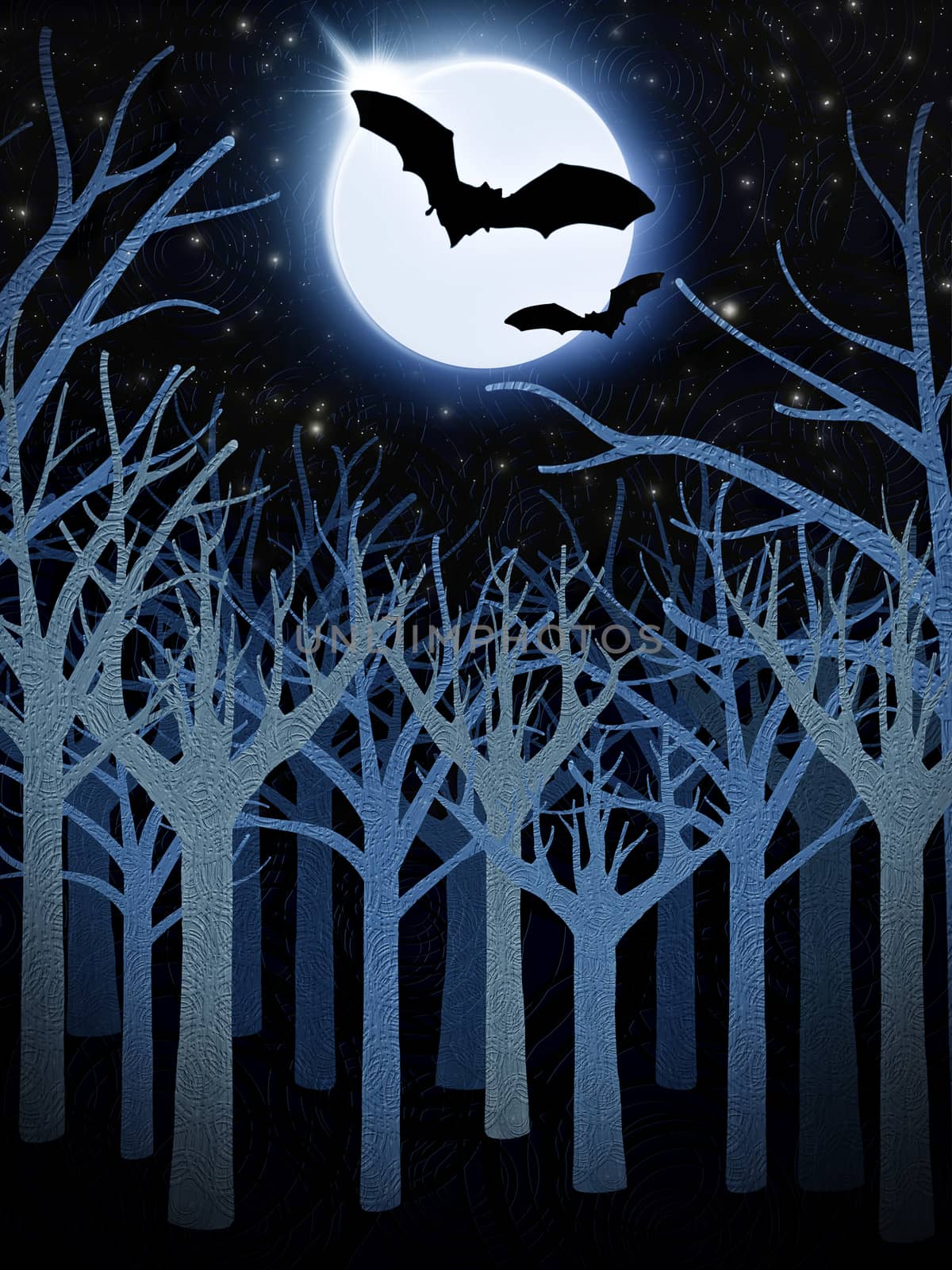 blue forest and full moon with bats