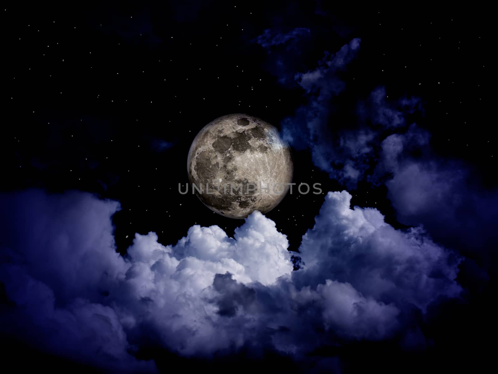 full moon with clouds and stars