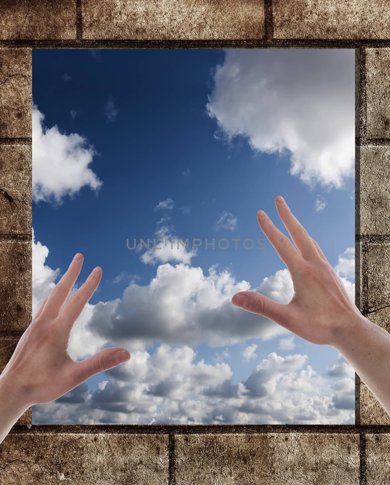 two hand on the window with wall and blue sky