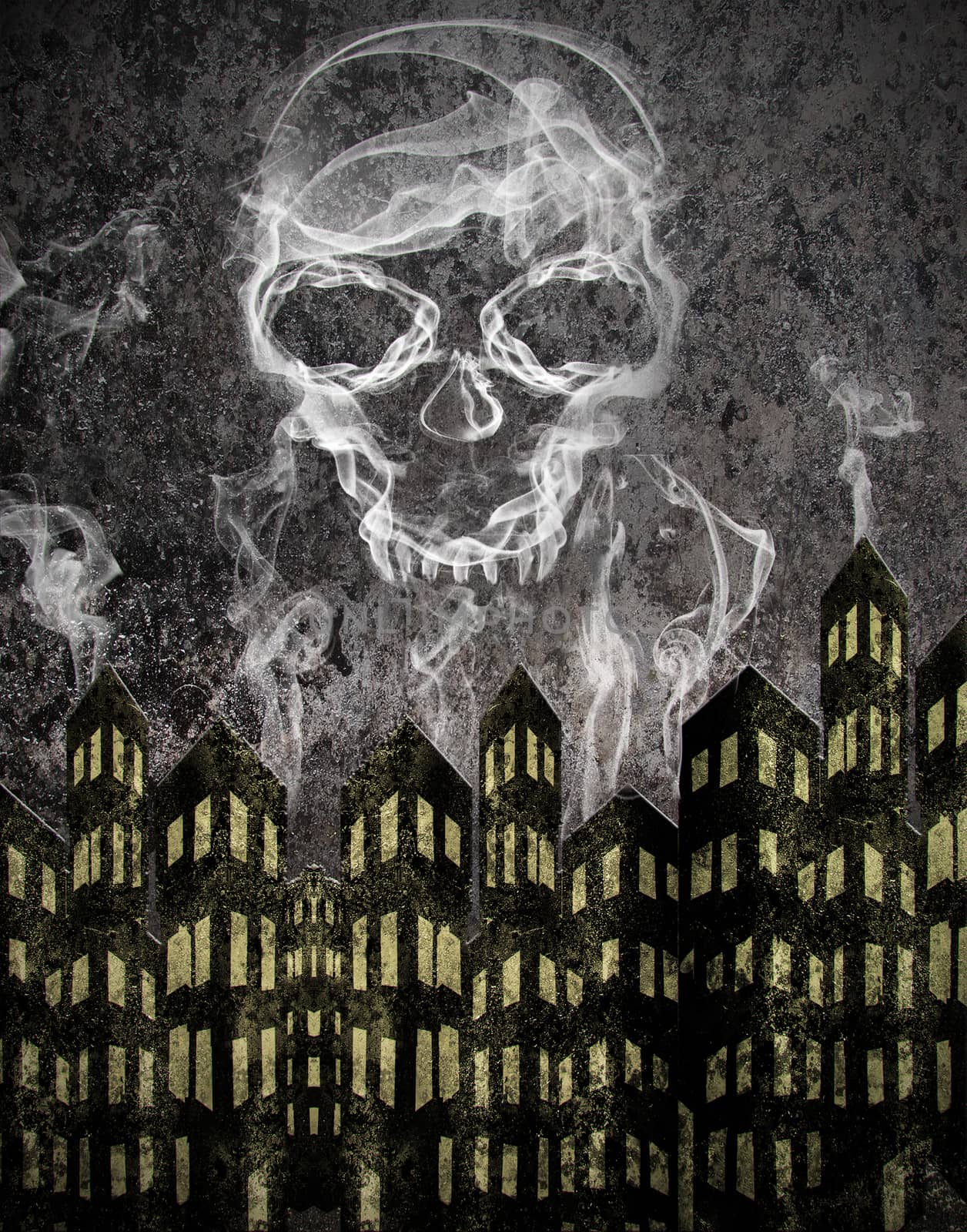 urban scene background with smoke skull