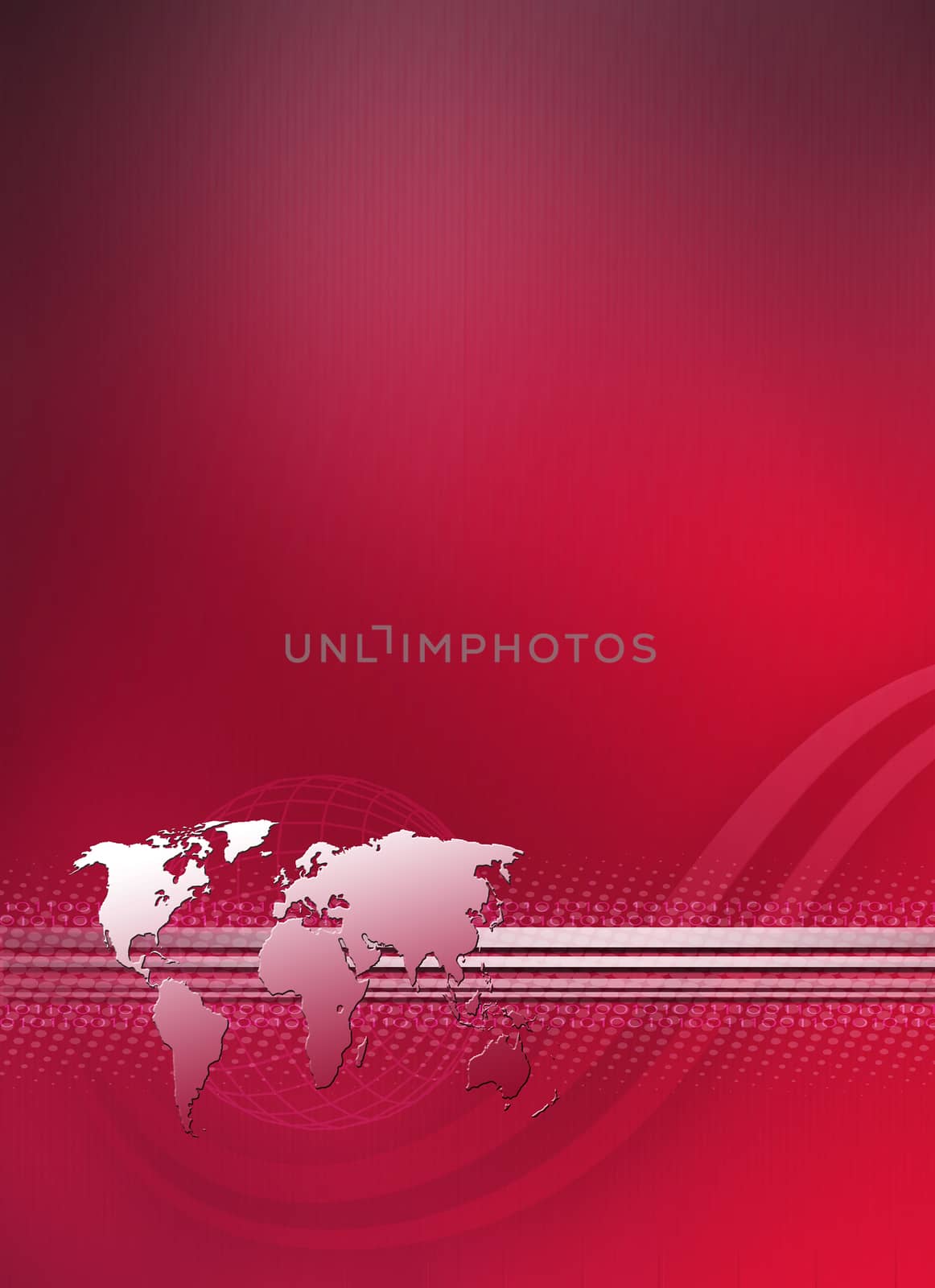 red brochure cover with world and curve lines