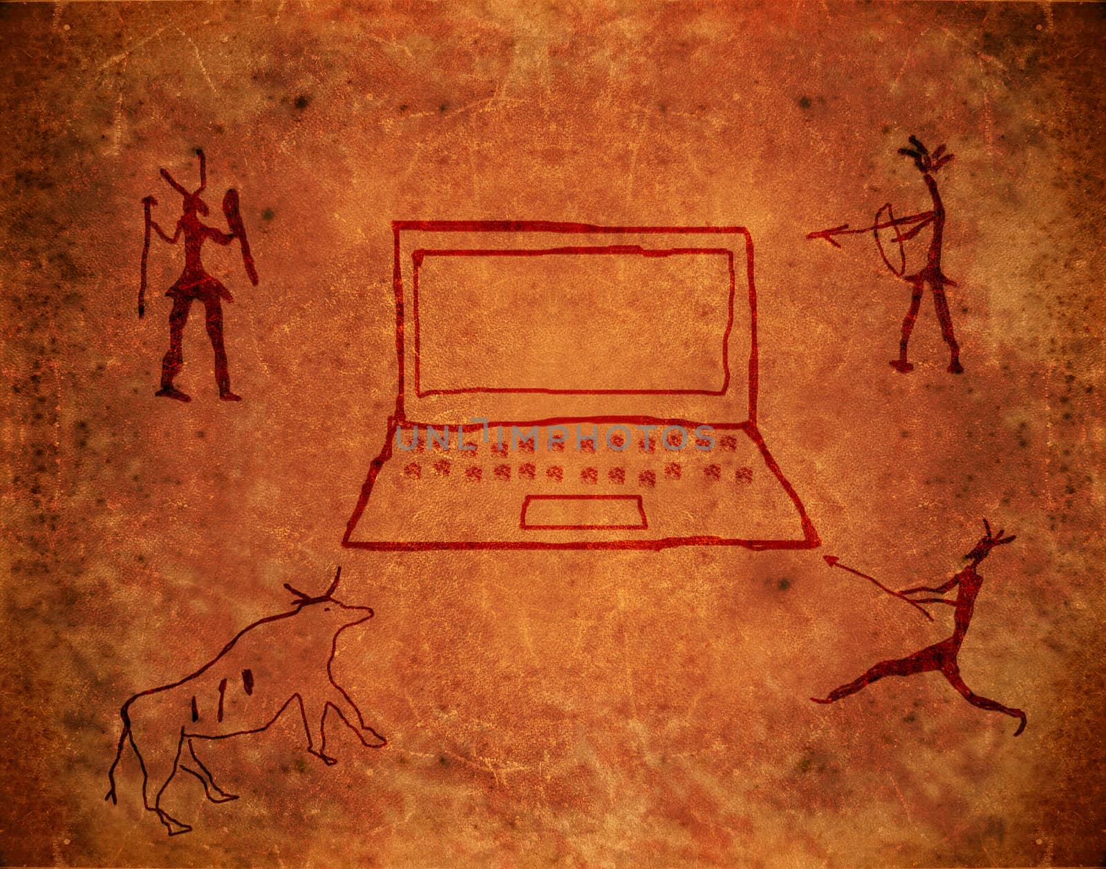 prehistoric paint on brown grunge background with notebook and hunters
