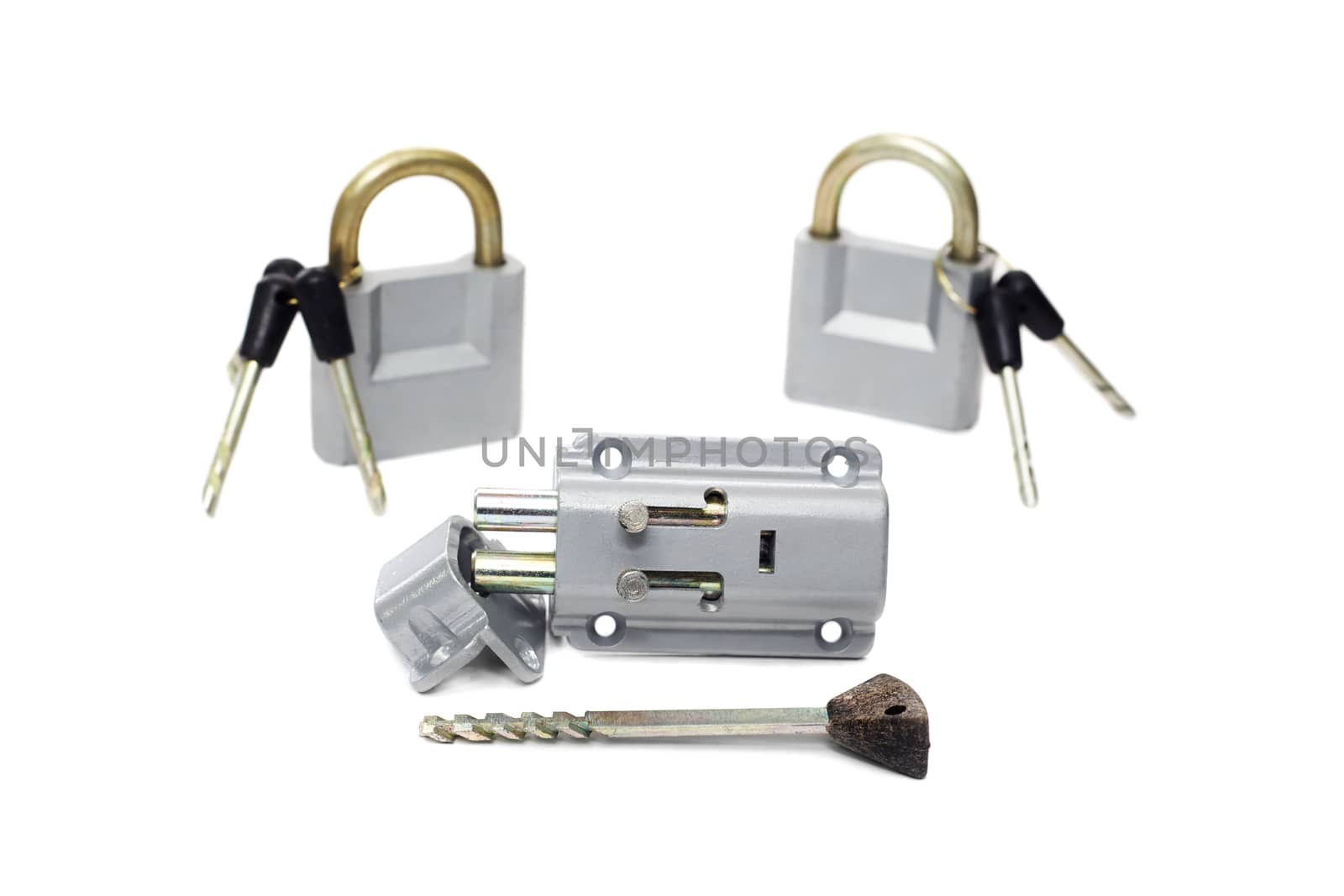 door lock and two padlocks with keys, isolated on white