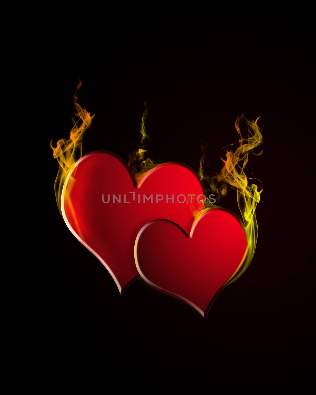 two burning hearts on black background
