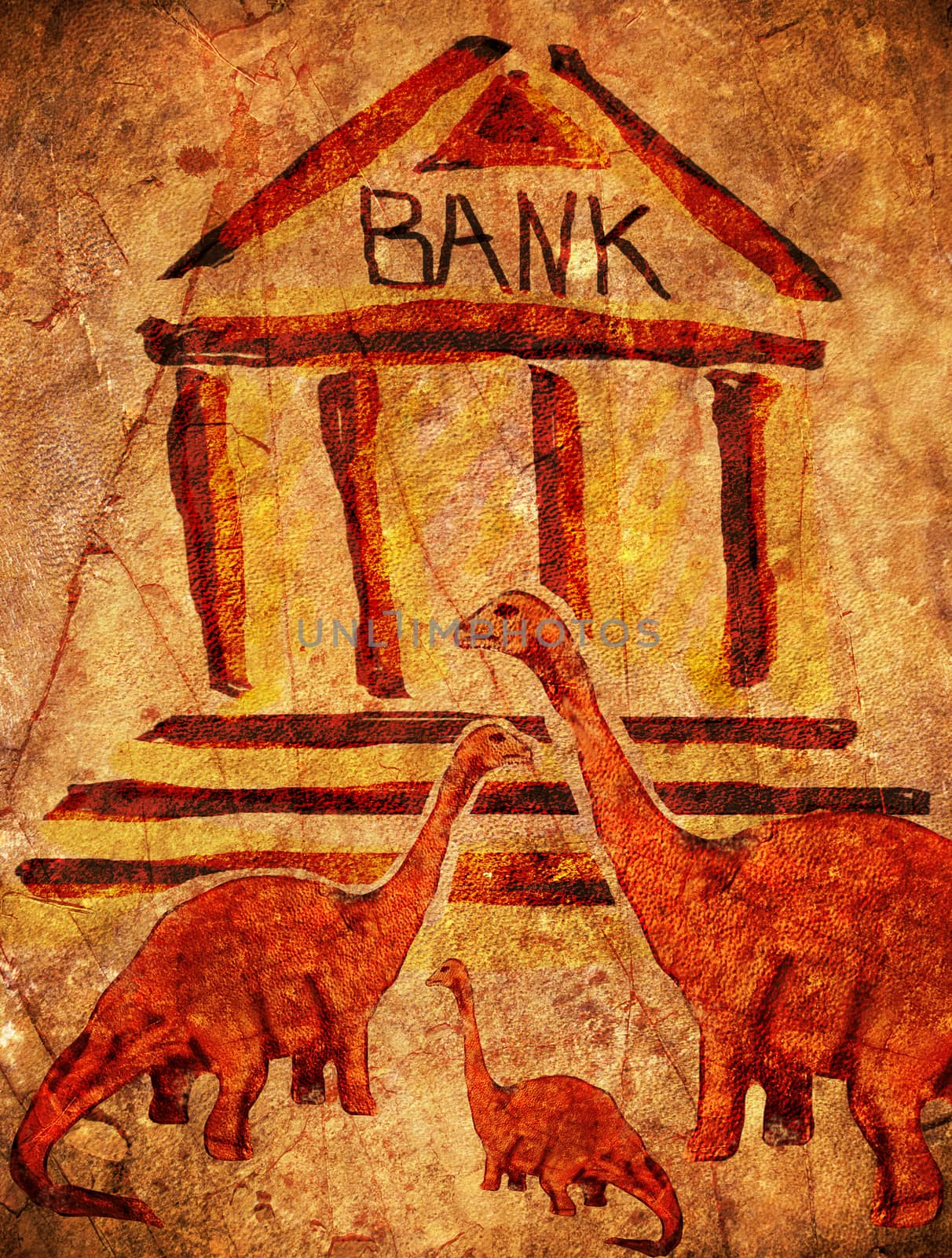 prehistoric bank with dinosaurs digital illustration