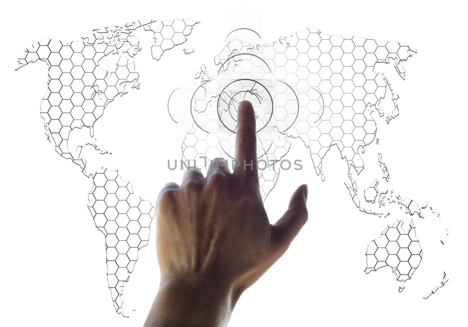 hand and world map digital searching concept by sette
