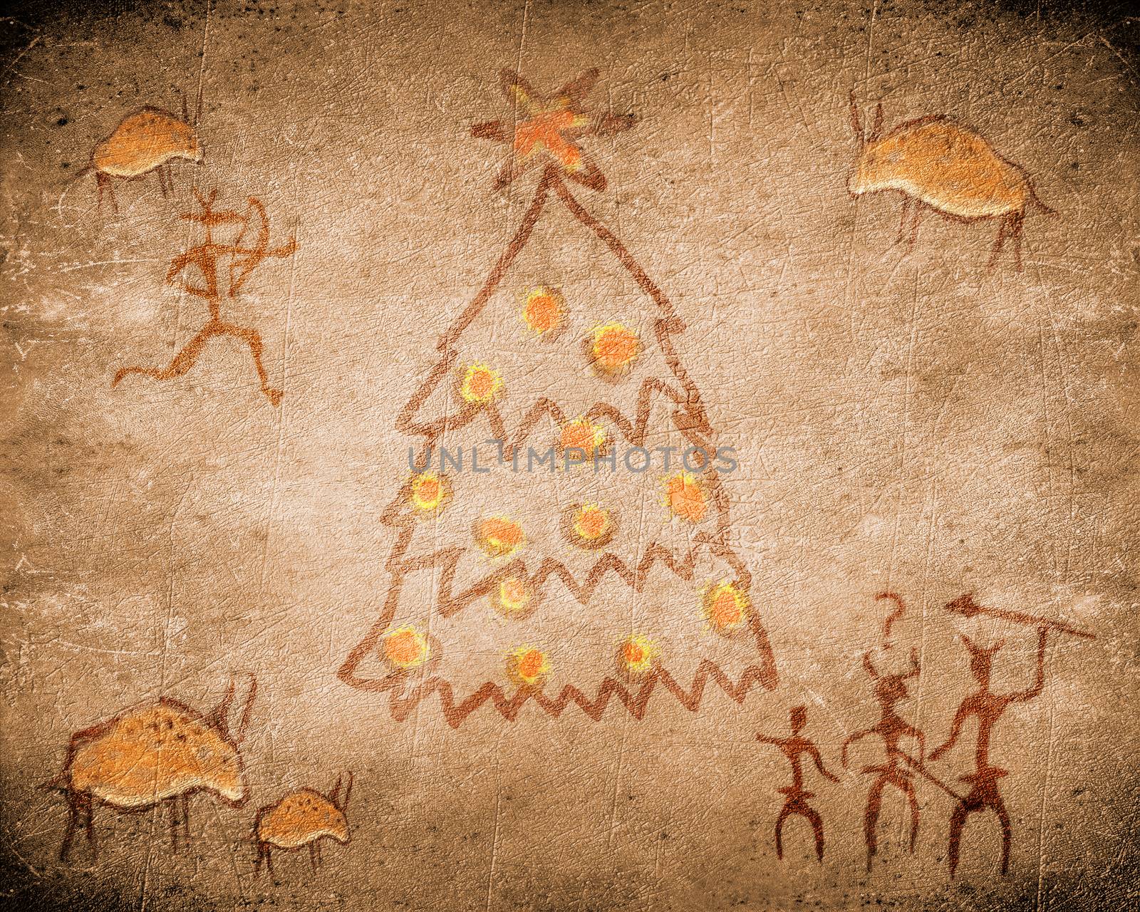 prehistoric cave painting with christmas tree