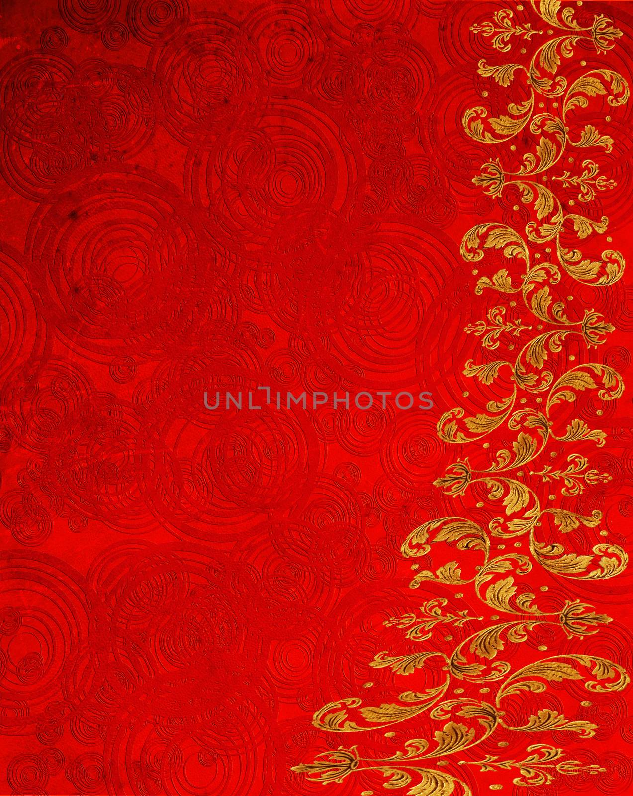 red abstract background with circles and golden floral decoration