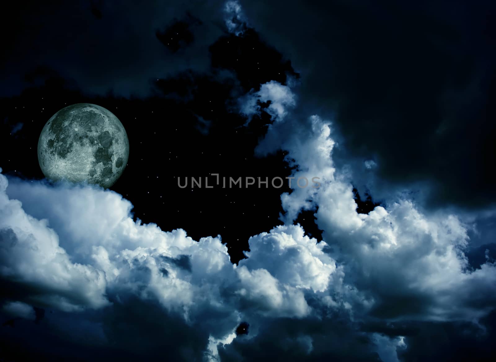full moon with clouds and stars