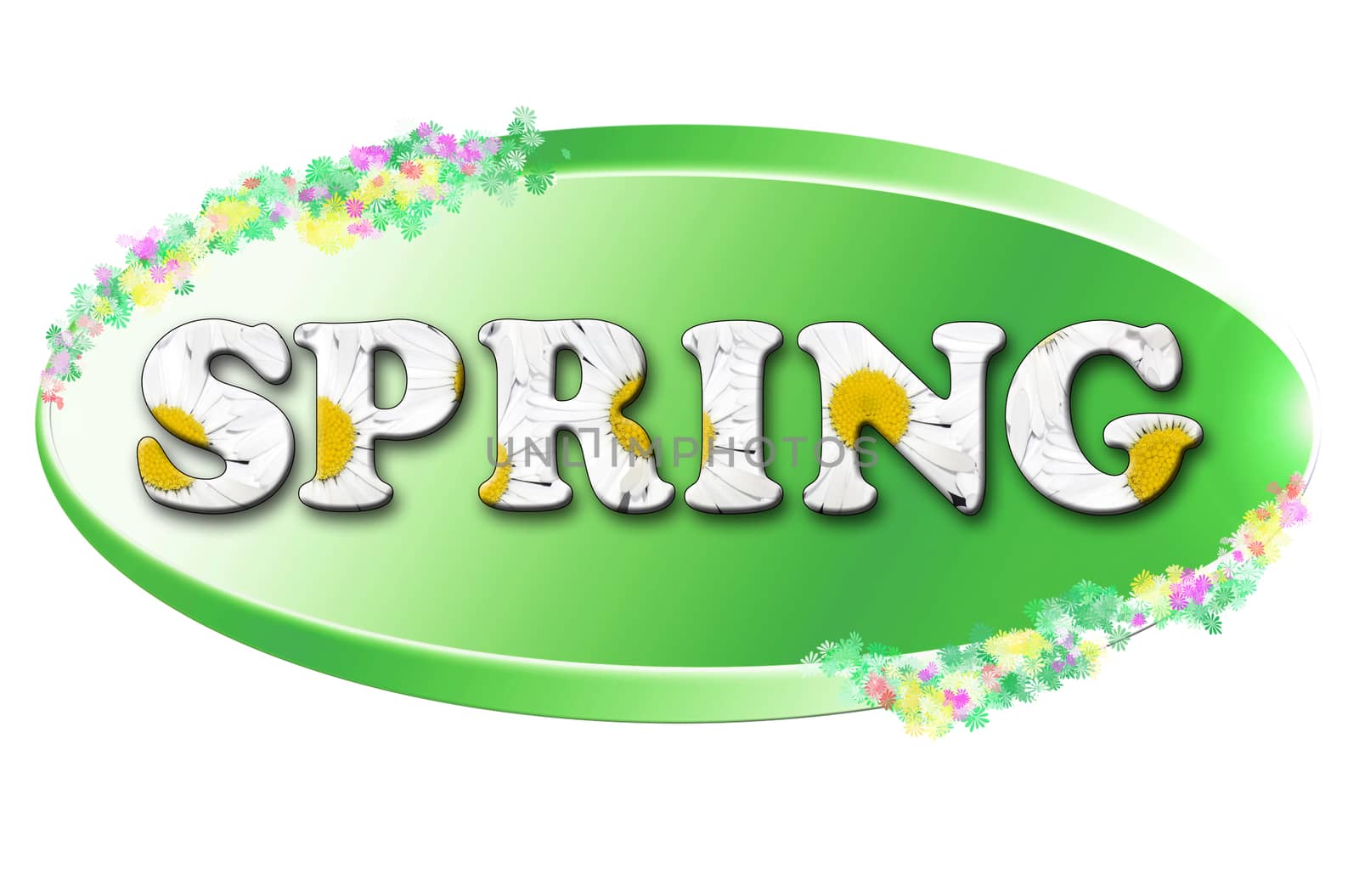 floral spring text with flowers on green oval
