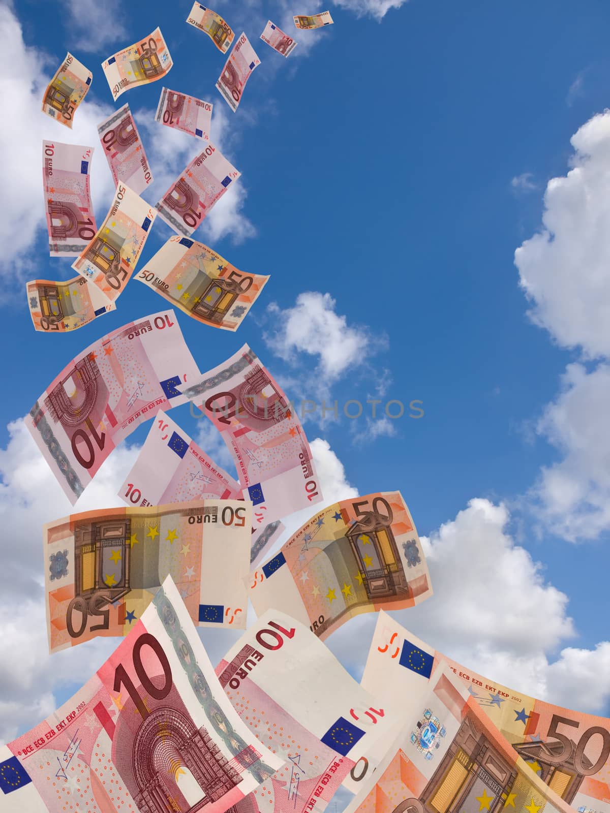  a lot of flyinq away banknote on  a sky background by sette