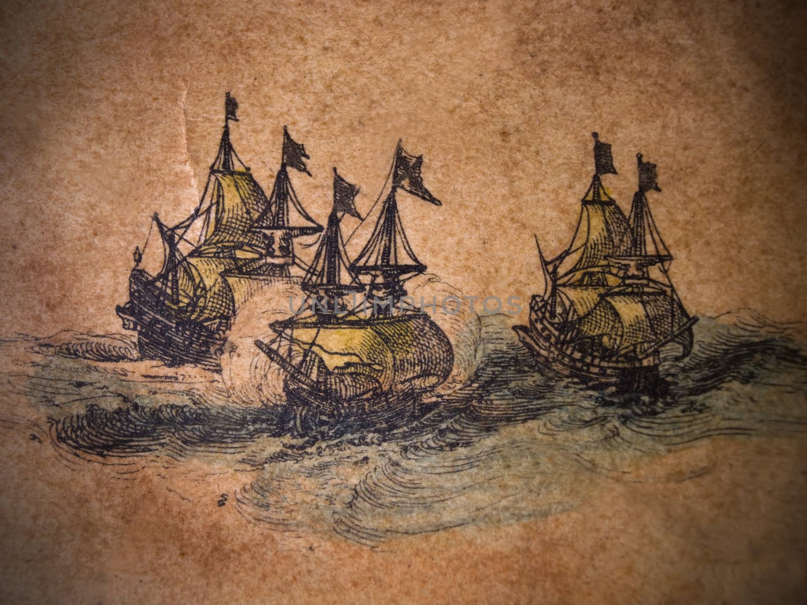 three ink ships on old sheet