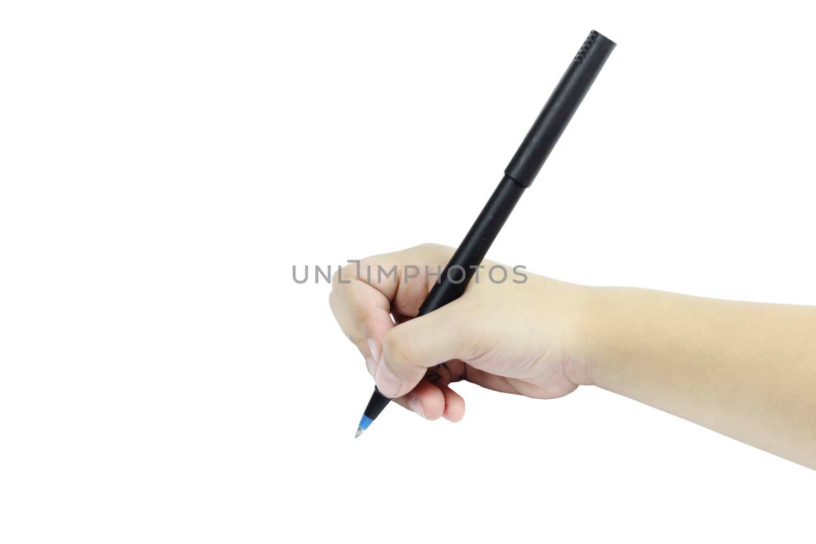 Child hand writing on white background
