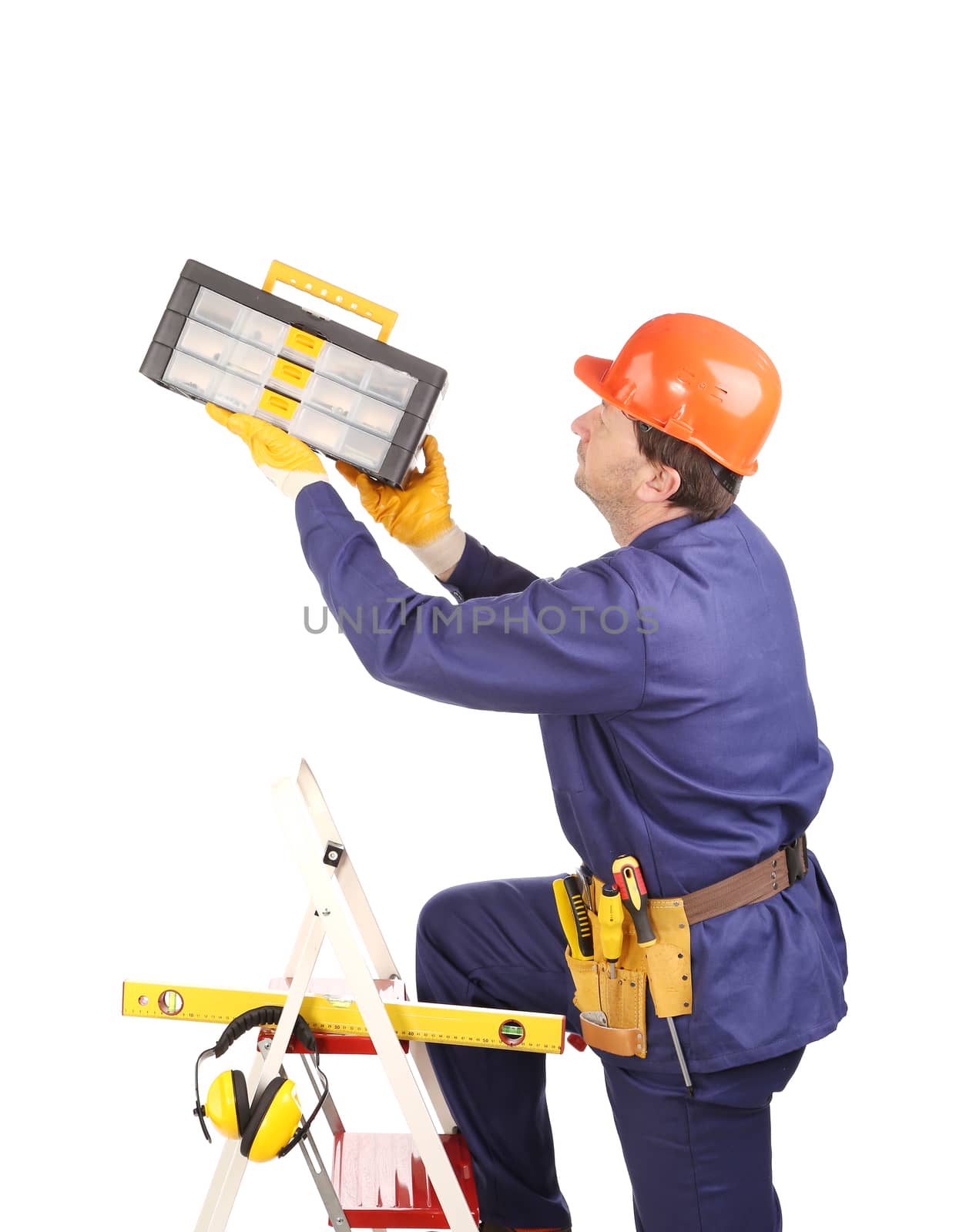 Worker in protective helmet on ladder with toolbox. Isolated on a white background.