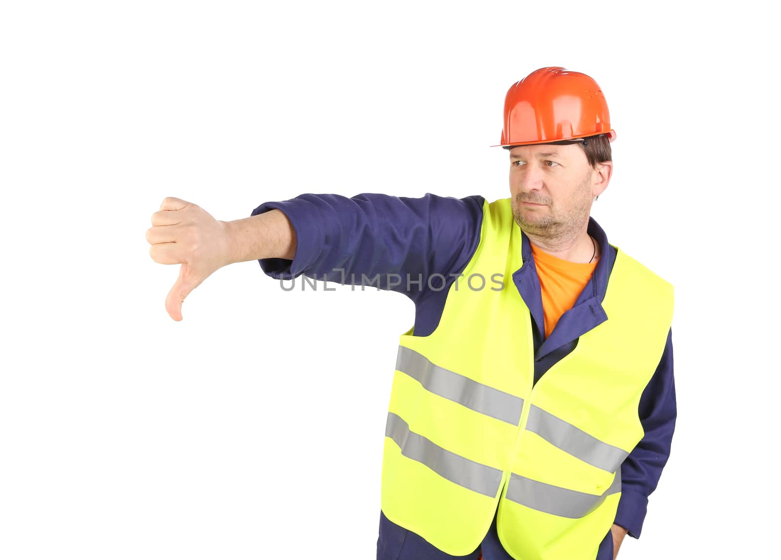 Worker in hard hat with hand thumb down. by indigolotos