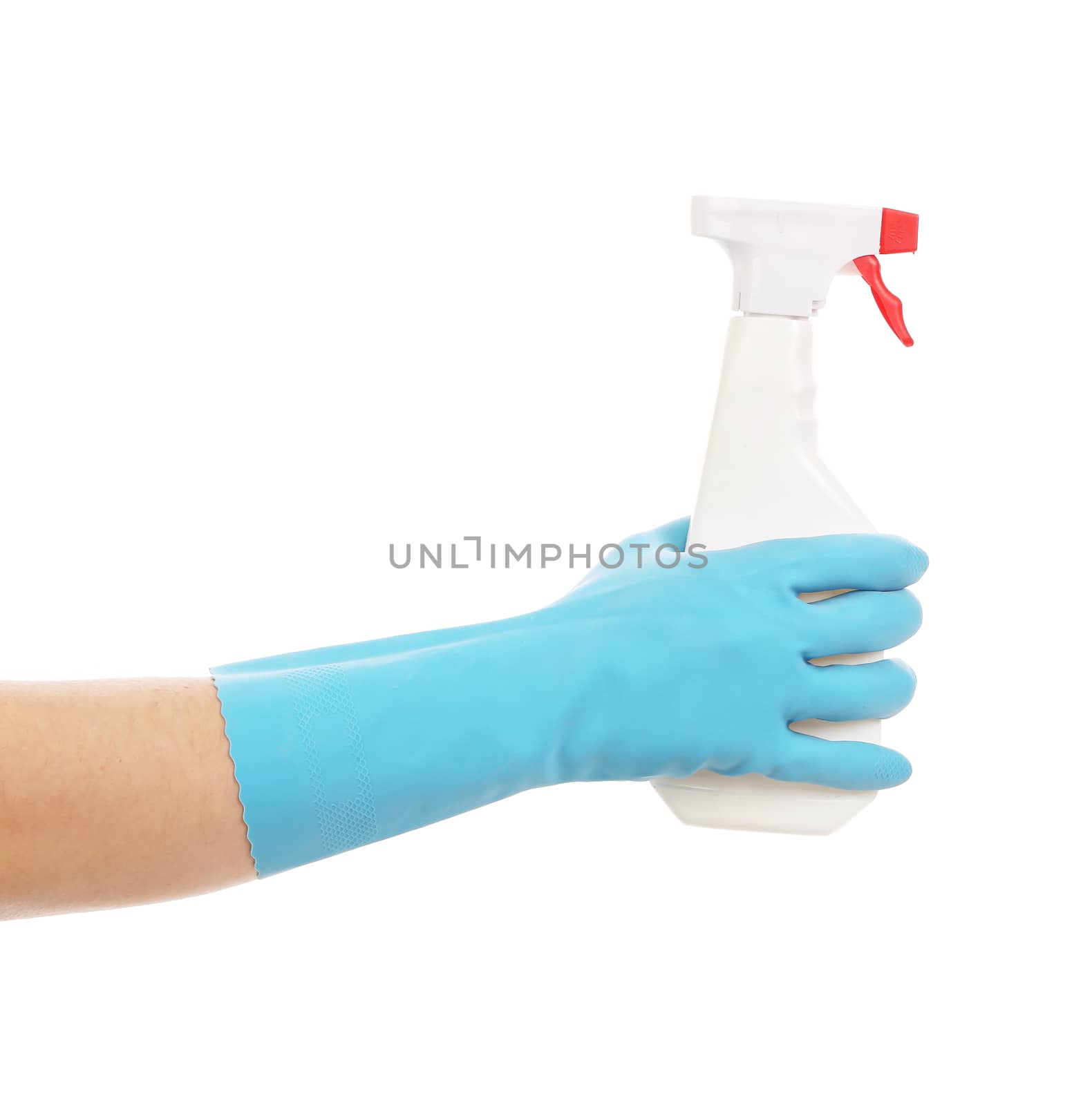 Hand in glove holding white plastic spray bottle. Isolated on a white background.