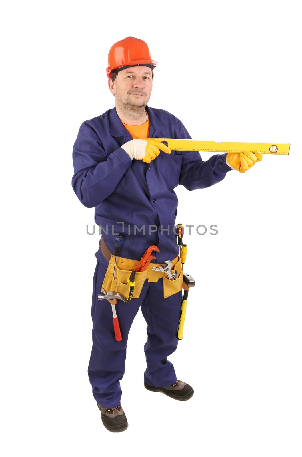 Worker in hard hat holding level. Isolated on a white background.