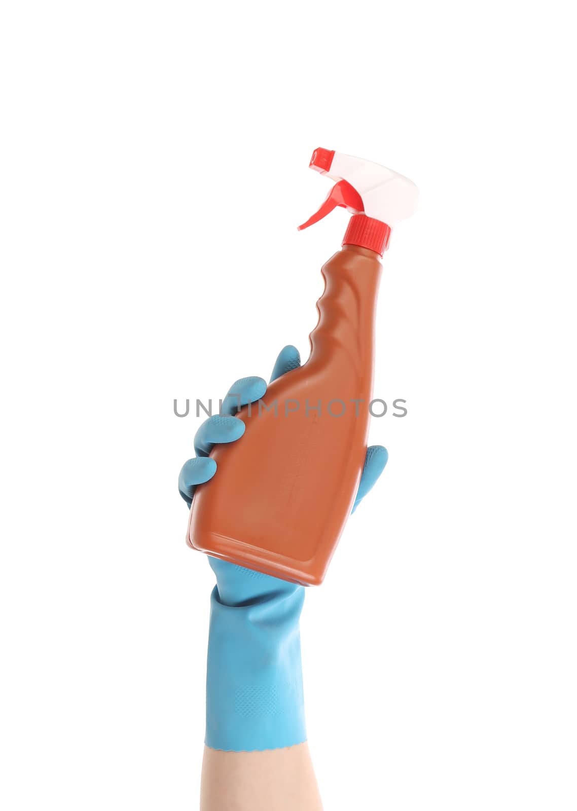 Hand in glove holding brown plastic spray bottle. Isolated on a white background.