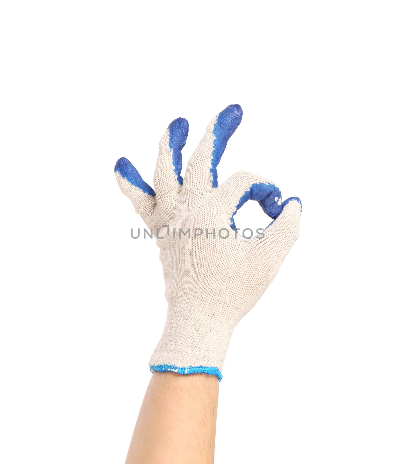 Hand in protective glove shows sign ok. Isolated on a white background.