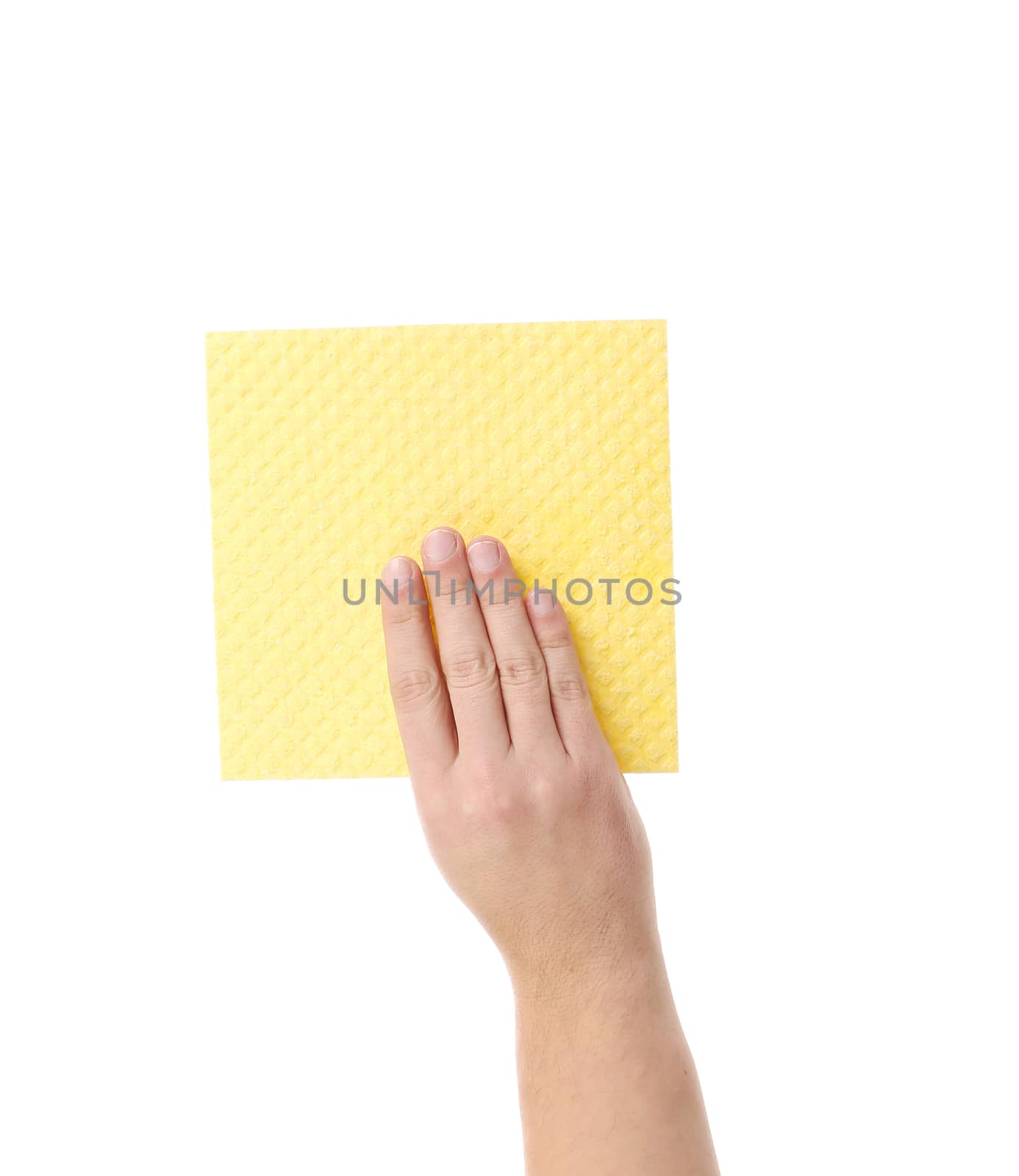 Hand holds yellow cleaning sponge.  Isolated on a white background.