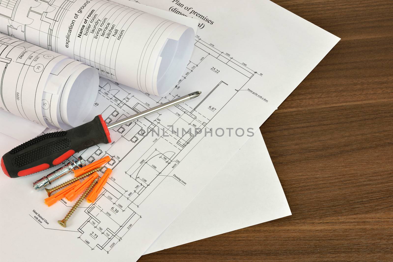 Construction drawings, screwdriver and screws by cherezoff