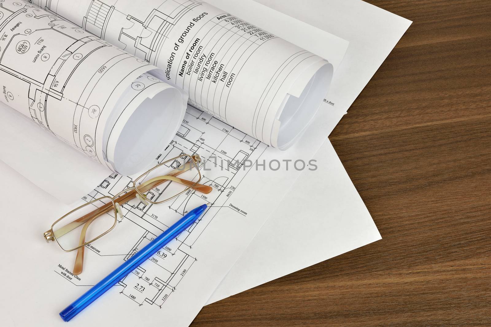 Construction drawings, glasses and pen by cherezoff