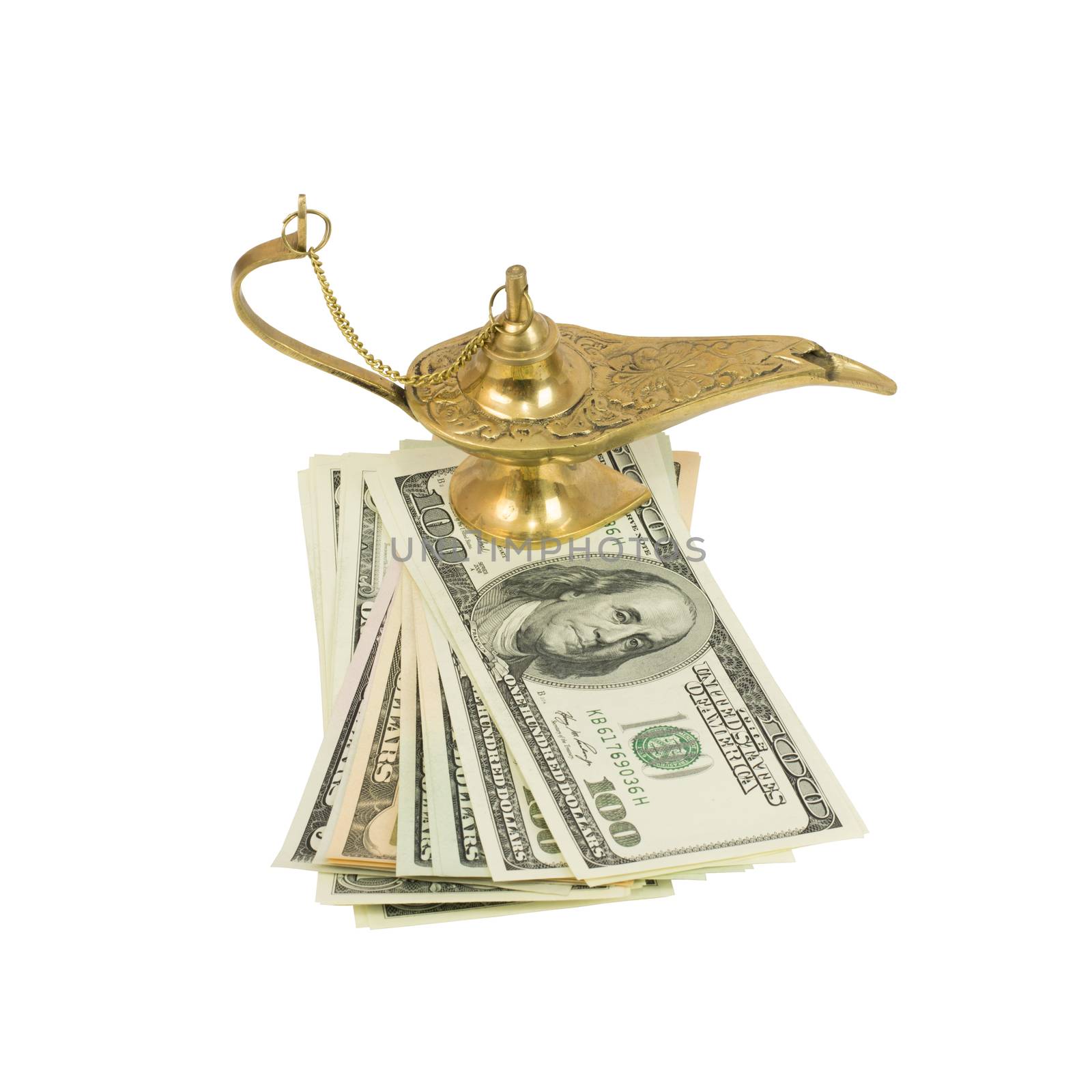 Bundle of dollars and magic lamp of Aladdin by cherezoff