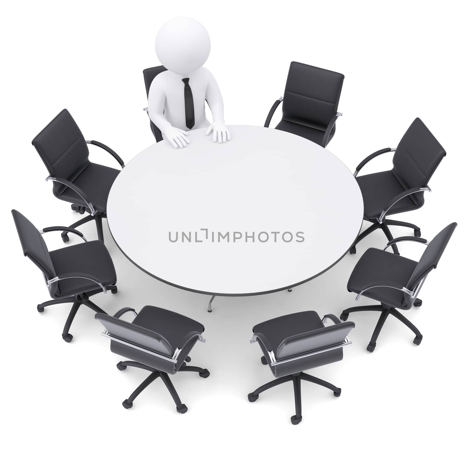 3d white man at the round table. Seven empty chairs. The concept is not complete conference
