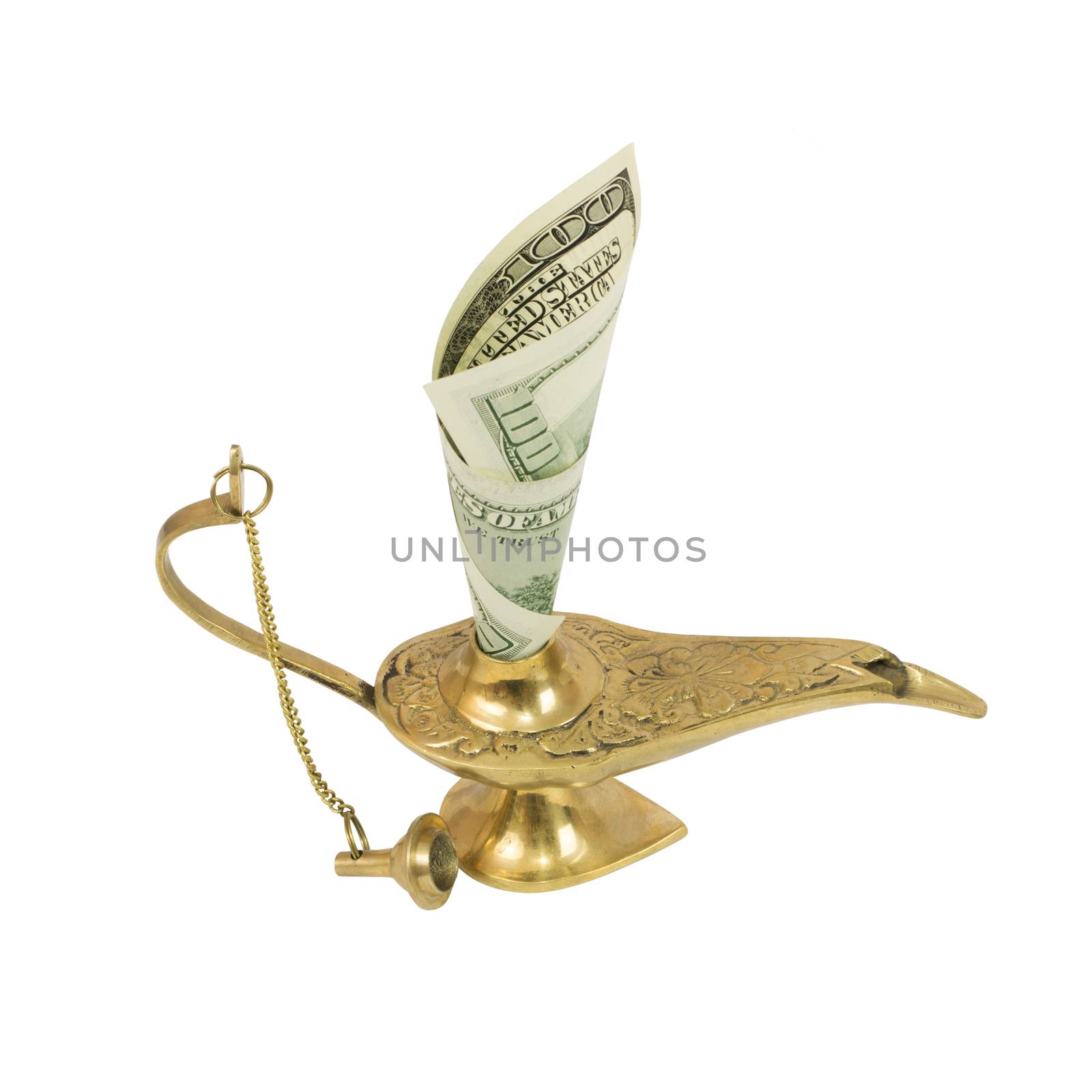 Dollar bill sticking out of magic lamp of Aladdin by cherezoff