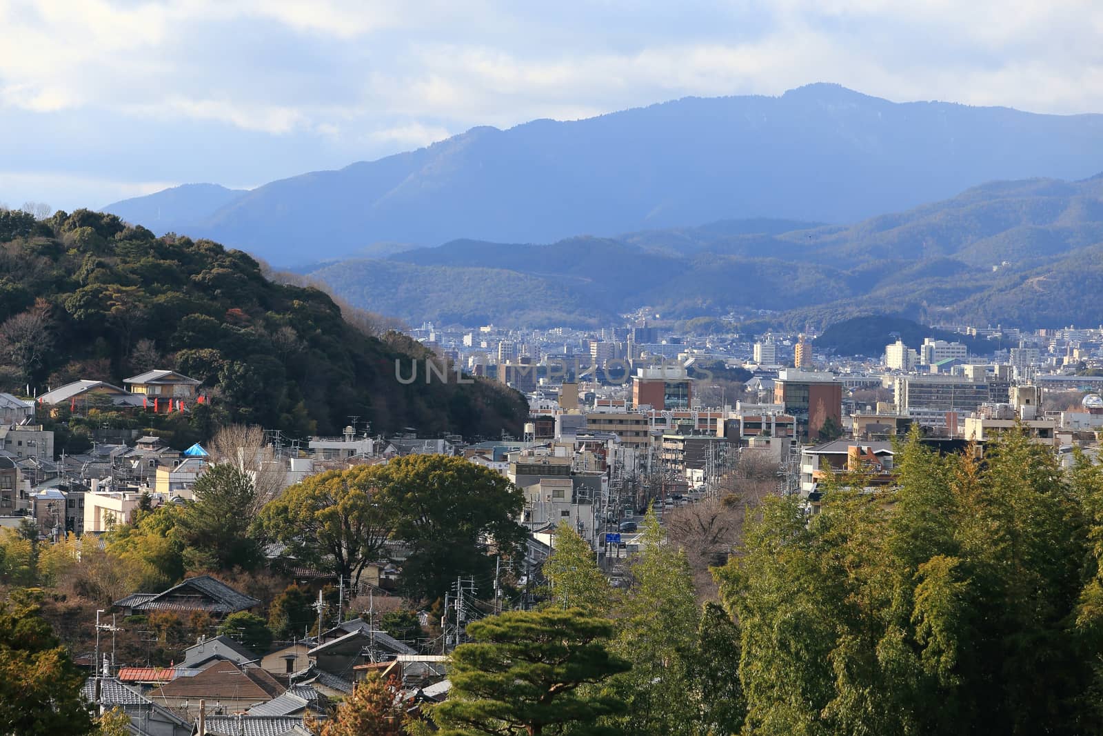 Kyoto, Japan - city in the region of Kansai. Aerial view with sk by rufous