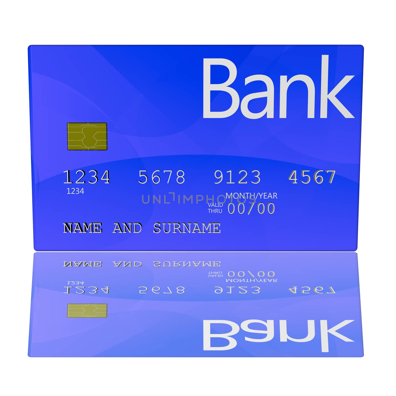 Blue credit card reflecting over background, 3d render