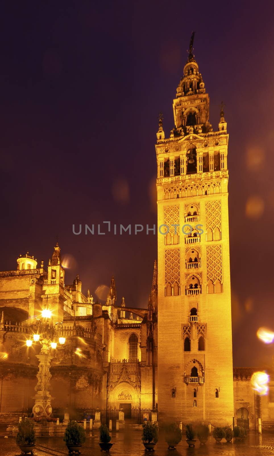 Giralda Bell Tower Seville Cathedral Rain Night Car Trails Spain by bill_perry