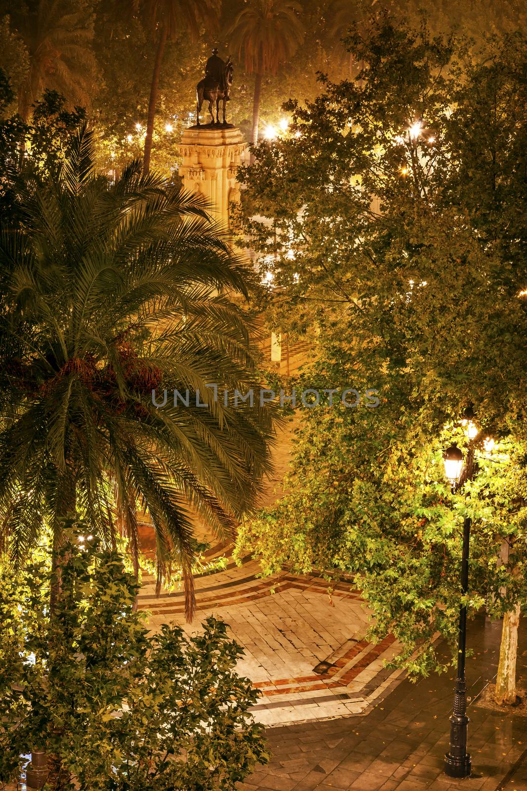 Plaza Nueva Ferdinand Statue Rainy Night Seville Andalusia Spain.