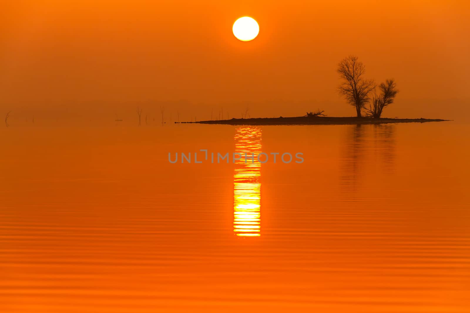 The sun shining through the fog on an early morning on Truman Lake in Missouri.  The fog help slihouette an island on the water.