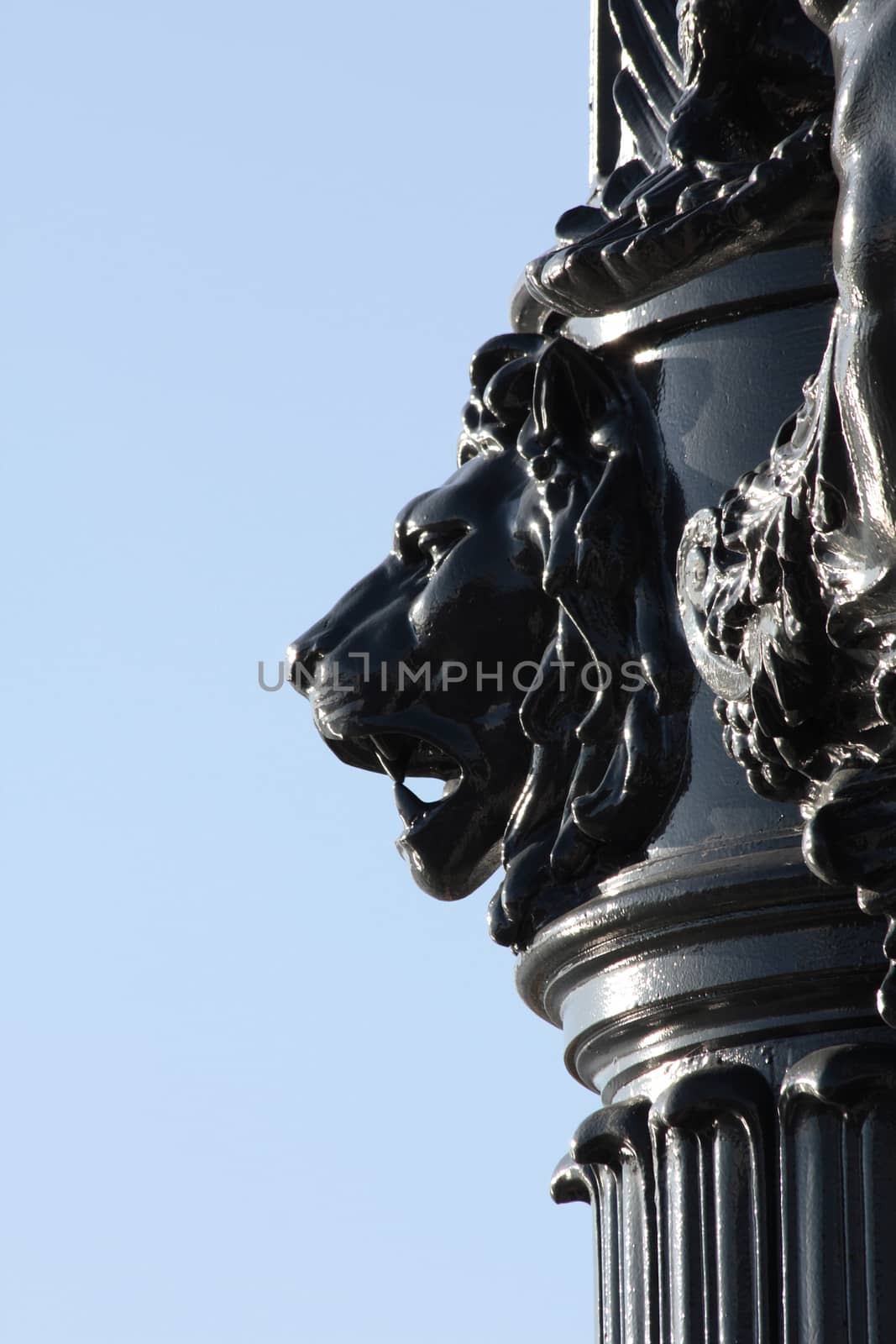 Street lamp black metal lion head decoration.