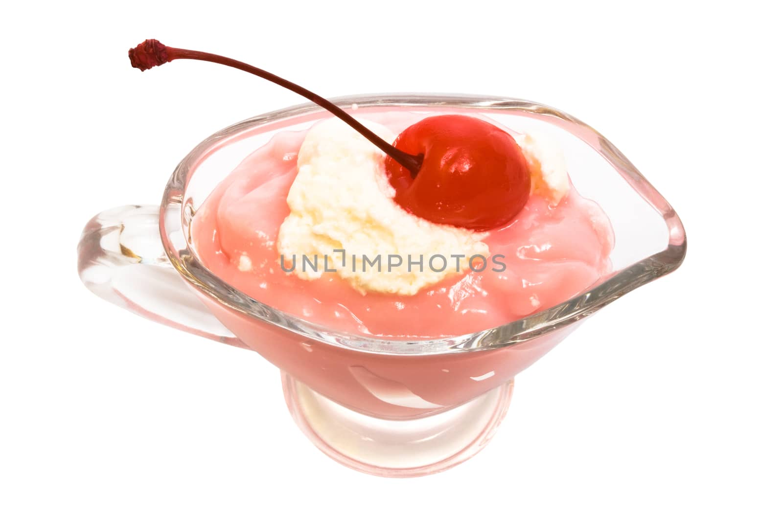 Sweet dessert with a cherry on a white background